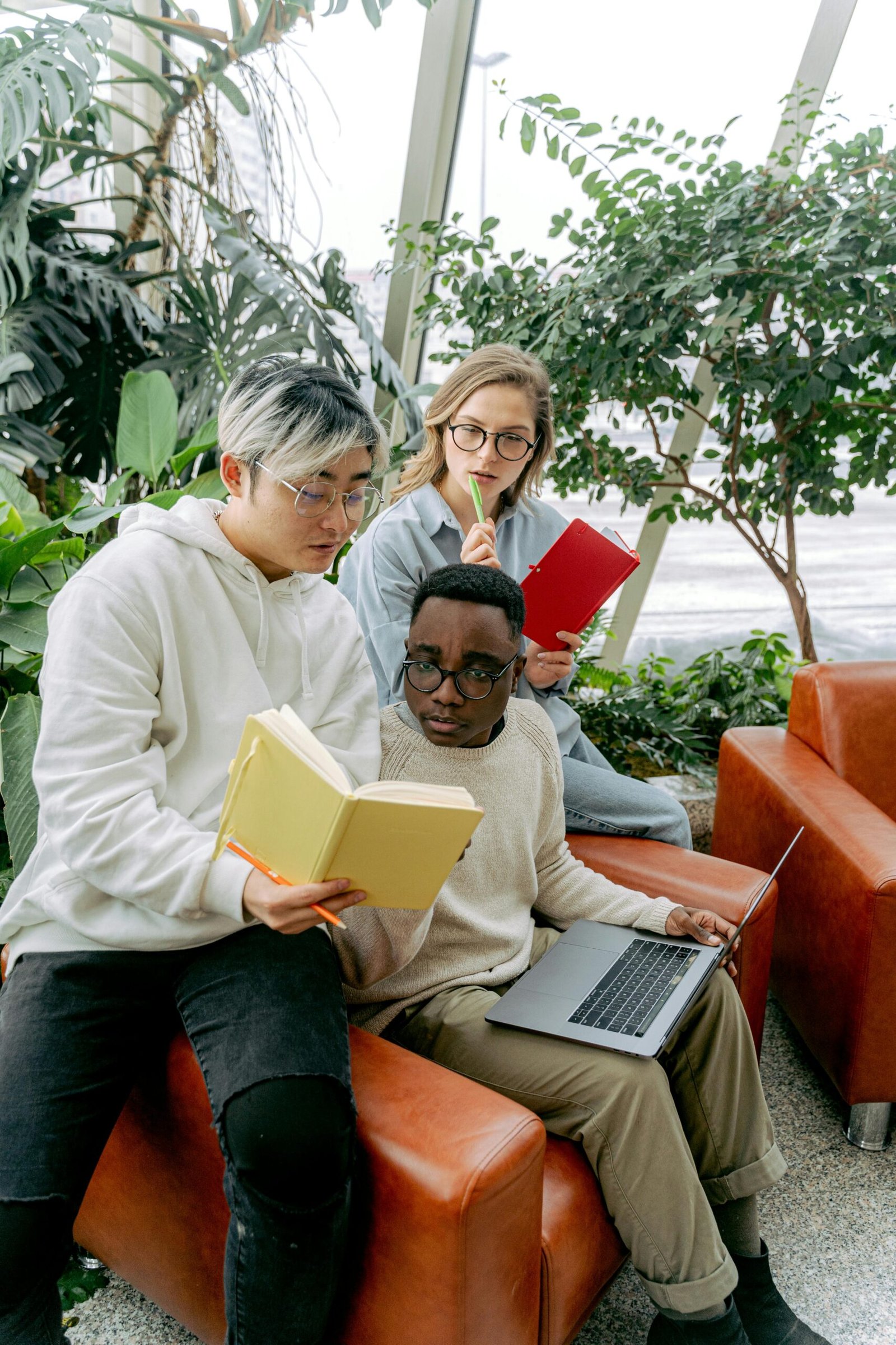 pexels-photo-6609388-6609388 Three diverse students studying and collaborating with books and a laptop indoors.